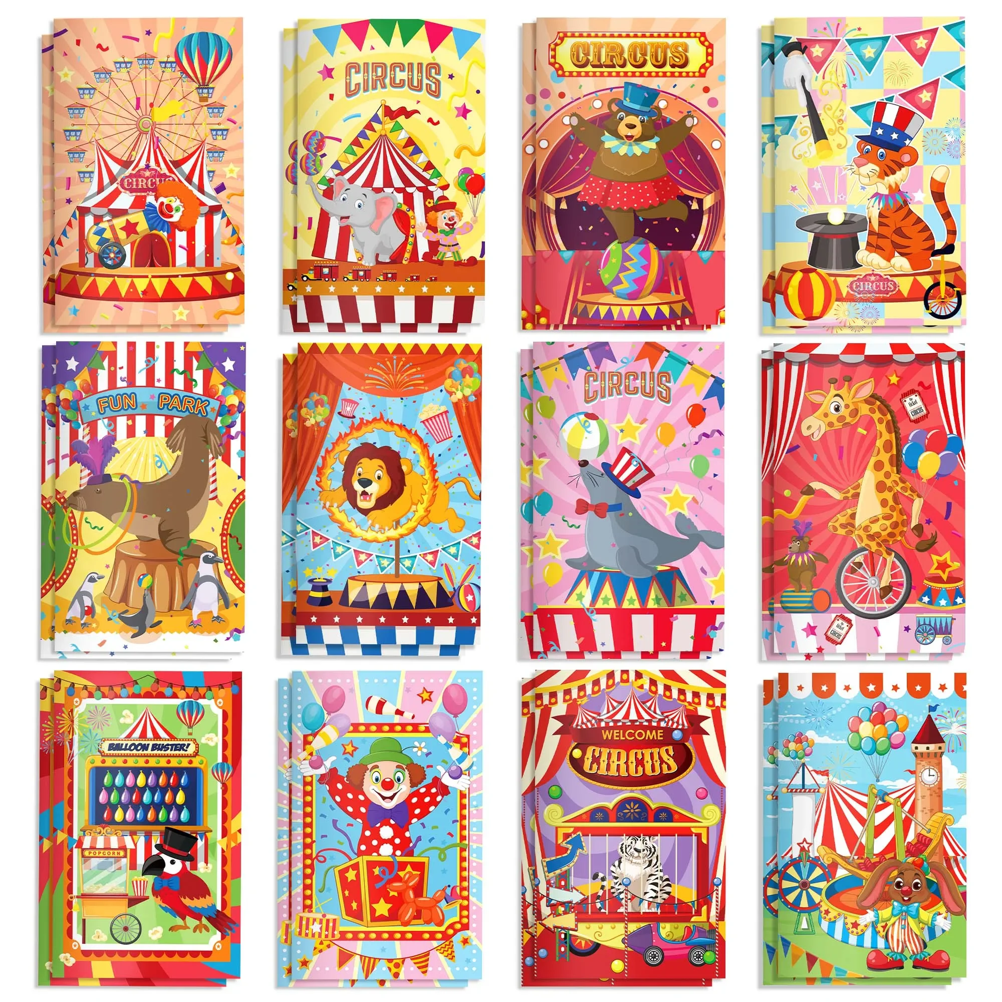 12/24pcs Circus Carnival Mini Notebook Cartoon Clown Wild Animal Pocket Notepad Birthday Xmas Party Small Gifts Writing Journals