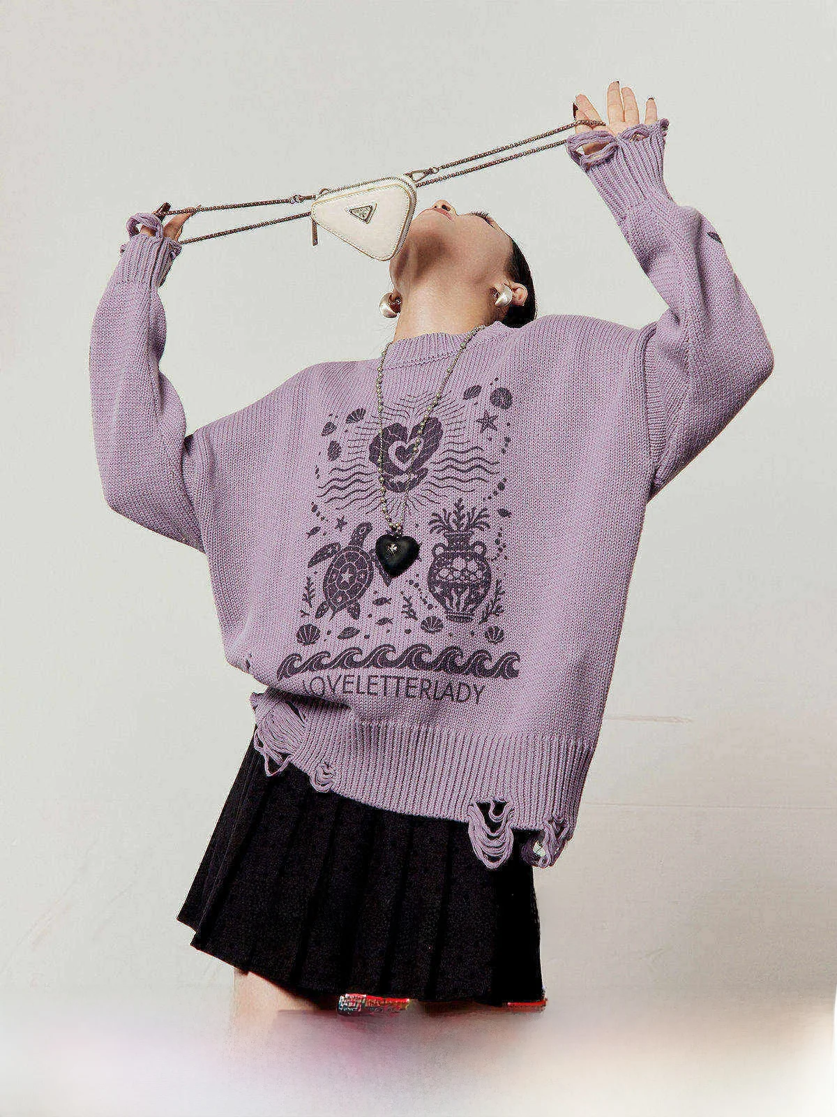 

Loose Fit Women's Purple Sweater with Hole Design Vintage Style Spring New Arrival by Zhou Li Wu Star Trace Series