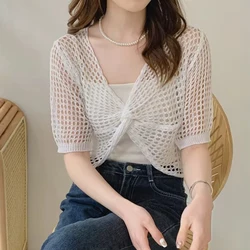 Twist Front Crochet Top Short Sleeve Bikini Cover-up Openwork Crop Cardigan Women Shrug Summer Vacation Boho Beach Outfit