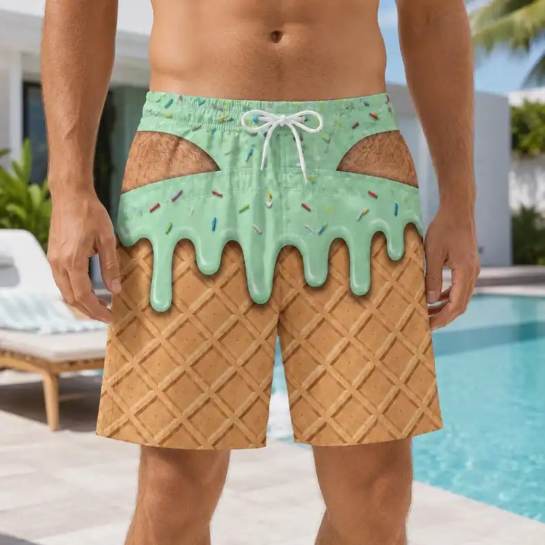 Summer new style best-selling fun men's ice cream cone-shaped design beach pants, faux-hip shorts, as a fun gift for him
