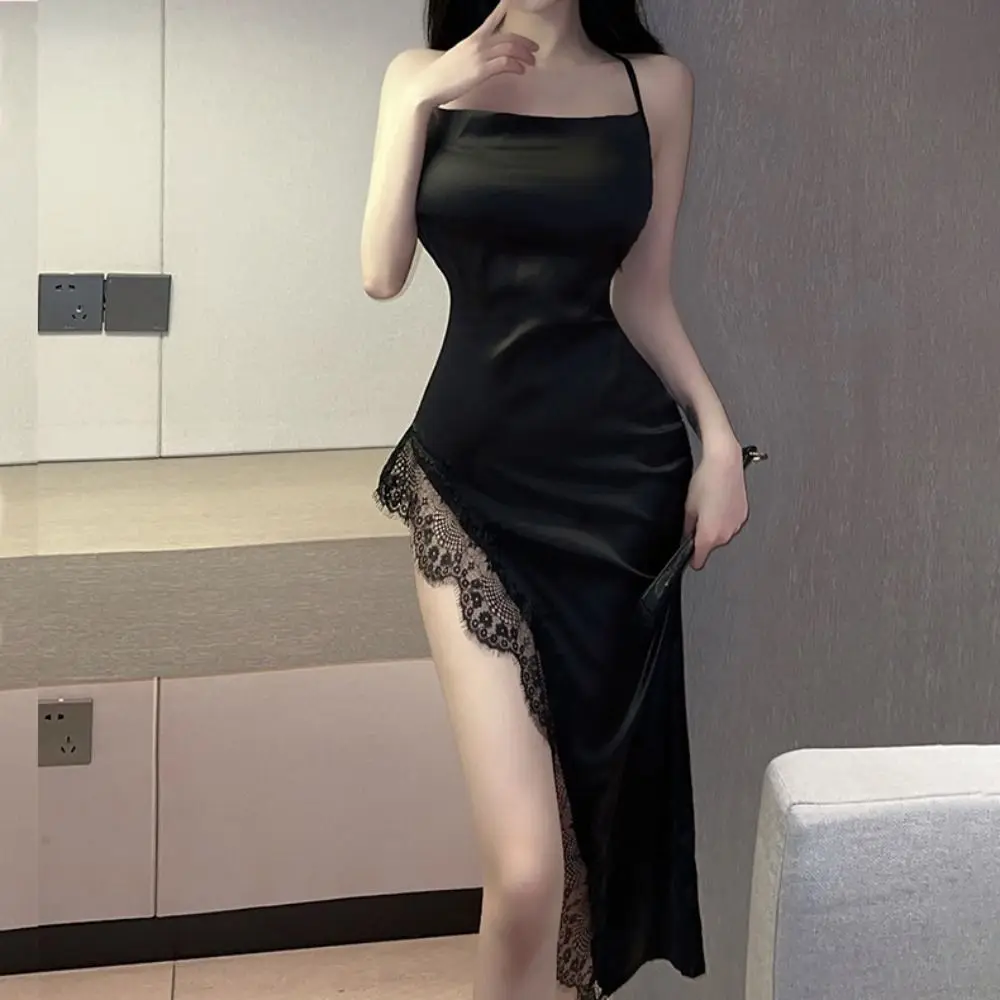 Comfortable Split Women Nightgown Beauty-back Spaghetti Strap Satin Silk Nightdress Sleeveless V Neck Female Sleepwear Lady