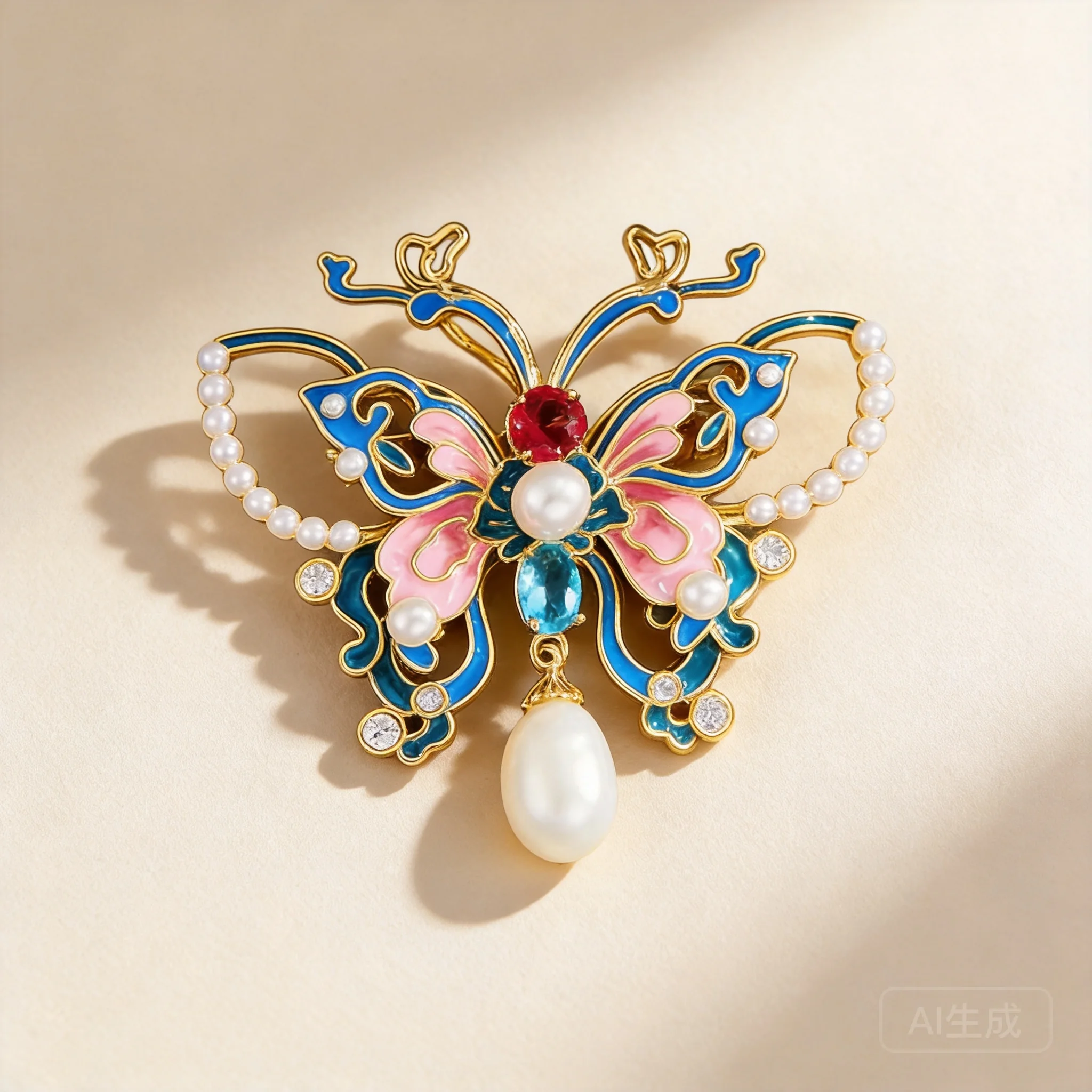 

Chinese Style Auspicious Enamel Butterfly Brooch For Women Copper Alloy Zircon Inlaid Freshwater Pearl Elegant Corsage Vintage