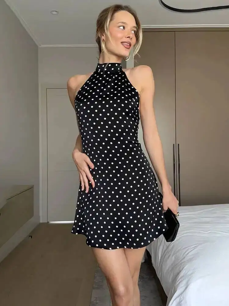 Dot Halter Mini Dress For Women Elegant Off-shoulder Sexy Lace-up Sleeveless Backless Fashion Club Party Dress DJA8