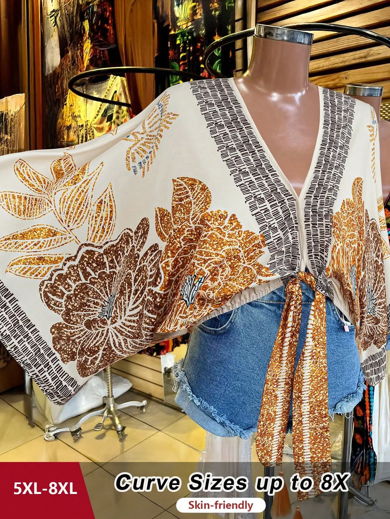 

Plus Size V-Neck Floral Print Contrast Color Vintage Casual Vacation Blouse