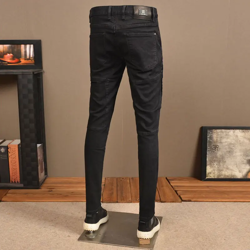 Streetwear Fashion Men Jeans Black Stretch Slim Fit Spliced Designer Biker Jeans Homme Patched Hip Hop Denim Punk Pants Hombre