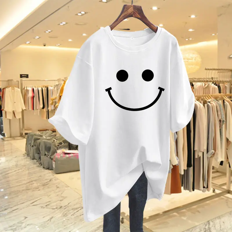 Women Clothing Fashion Smiling Face Print Basic T-shirts Summer Casual Loose Cotton Short Sleeve Top Tee Oversized Y2k Pullovers