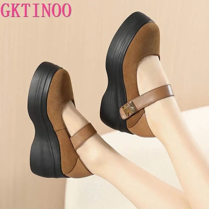 GKTINOO Cow Suede Leather Female Thick Sole Wedges Shoes Women High Heel Shoes 2024 Autumn Ladies Casual Platform Shoes