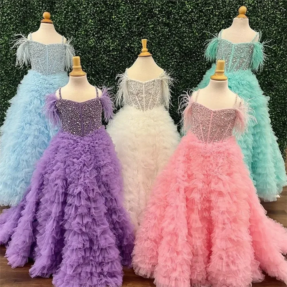 

Custom Luxury Feather and Crystal Embellished Princess Dress For Girls Flower Girl Wedding Gown Birthday Party Dress Piano Perfo