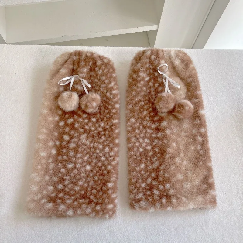 Japanese Kawaii Deer-Print Leg Warmers for Women, Cute Bow Tie Pom Pom Plush Leg Cuffs, Christmas Winter Warm Long Boot Covers