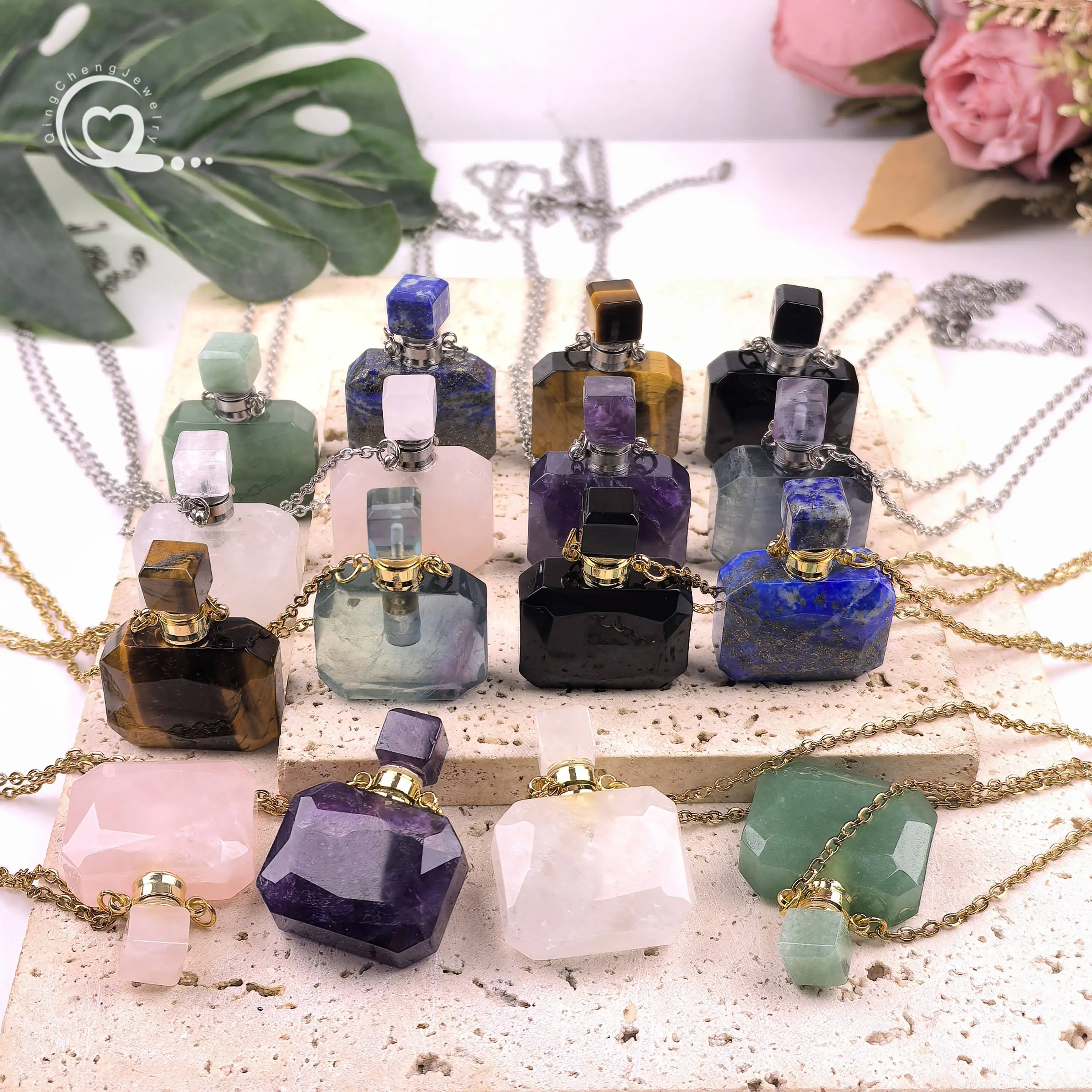 

Rectangle Quartz Perfume Bottle Pendants Gold Silver Plated Chains Crystal Essential Oil Diffuser Vial Necklace Jewelry QC1171