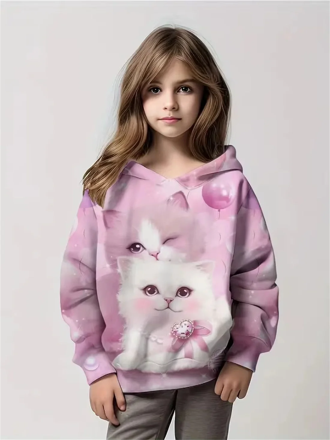

Fashion Girls Round Neck Long Sleeve Hooded Sweatshirt Y2K Autumn New Cute Cat Cartoon 3D Print Childrens Pullover Loose Casual