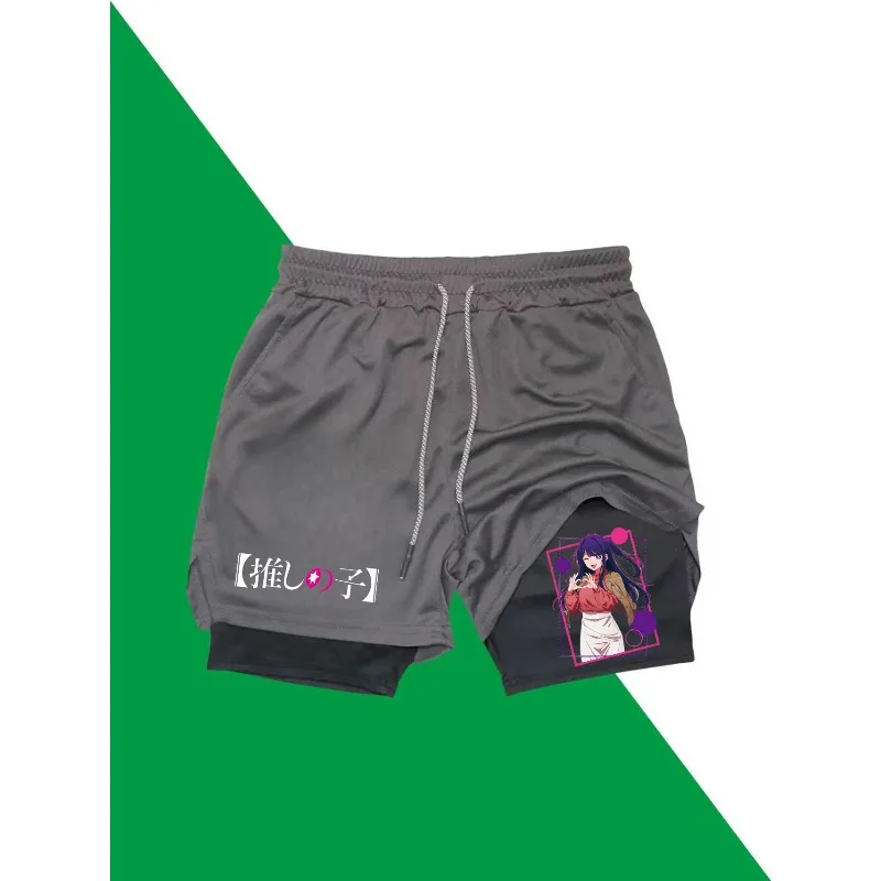 Ai Hoshino طباعة 2in1 تشغيل تجريب السراويل الرجال الصالة الرياضية أداء ضغط السراويل مع جيب للهاتف منشفة رياضية أكتيفيوير #2