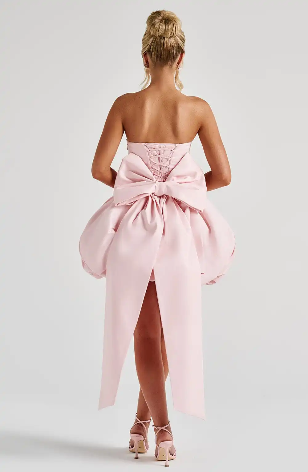 Pretty Pink Silk Satin Mini Dress with Detachable Bow Blush Short Birthday Party Dresses Big Bow Prom Gown vestidos de fiesta