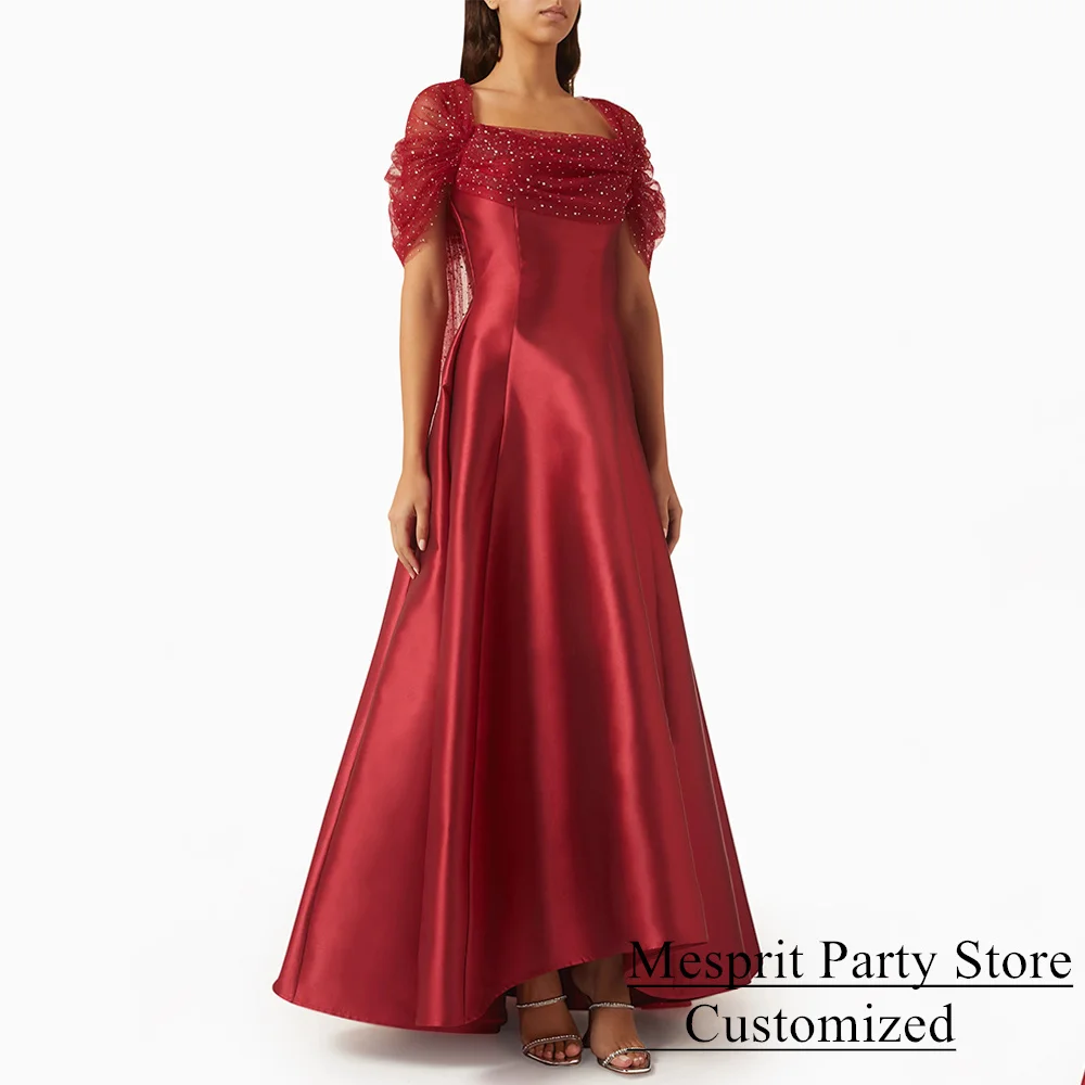 Saudi Arabic Evening Dress Customized Off The Shoulder Square Neck Sparkling Tulle Cape Ankle Length Satin Prom Party Gown