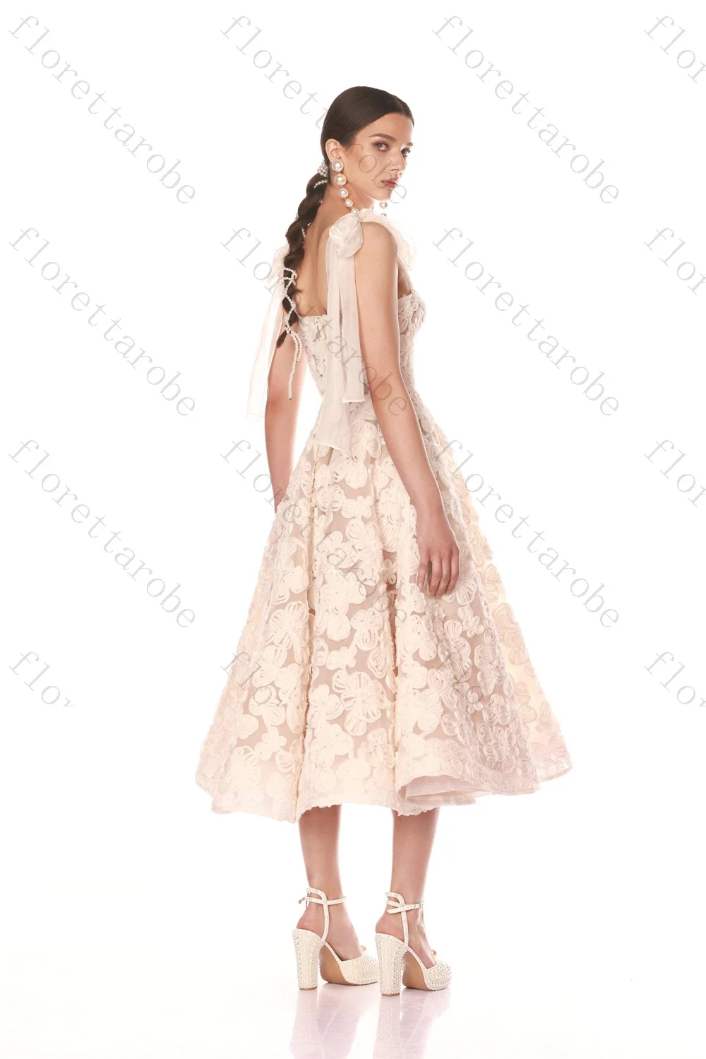 Customized 2026 Milk White Lace Flower Wedding Dresses Bows Straps Tea-length Bridal Dress A-line Sleeveless Formal Brides Gowns