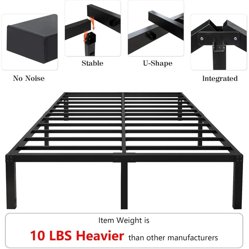 18 Inch Tall 3500lbs Heavy Duty Bed Frame Metal Platform, Maximum Storage, Mattress Foundation, Steel Slats Support/Noise Free