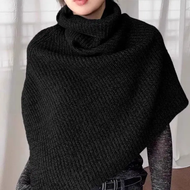 الرمادي الداكن الياقة المدورة محبوكة المرأة الشتوية الشعور الراقية مكدسة بأطراف مقسمة، السترة، غطاء الرقبة، شال، وشاح سميك.