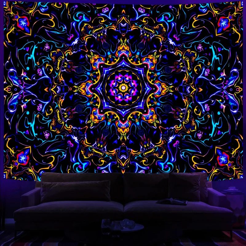 VIKAMA Psychedelischer Dunkel-Leuchtender Wandteppich mit Fluoreszierendem Trippy-Mandala und Design für Trippy-Raum und Schlafzimmer-Wanddekoration