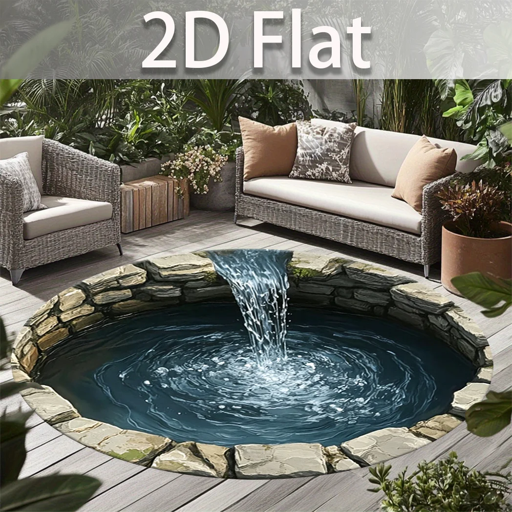 Green Water Garden Circular Decor Mat Colorful Aquatic Flowers Duck and Goldfish Printed Round Rug for Natural Style Living Room