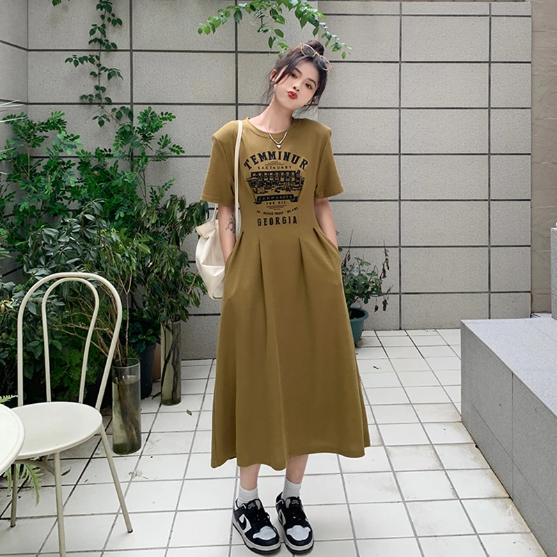 Women's Vintage Letter Waist Dress 2023 New Summer Print Slim Long T-Shirt Dress Female Korean High Waist Elegant Pullover Dress