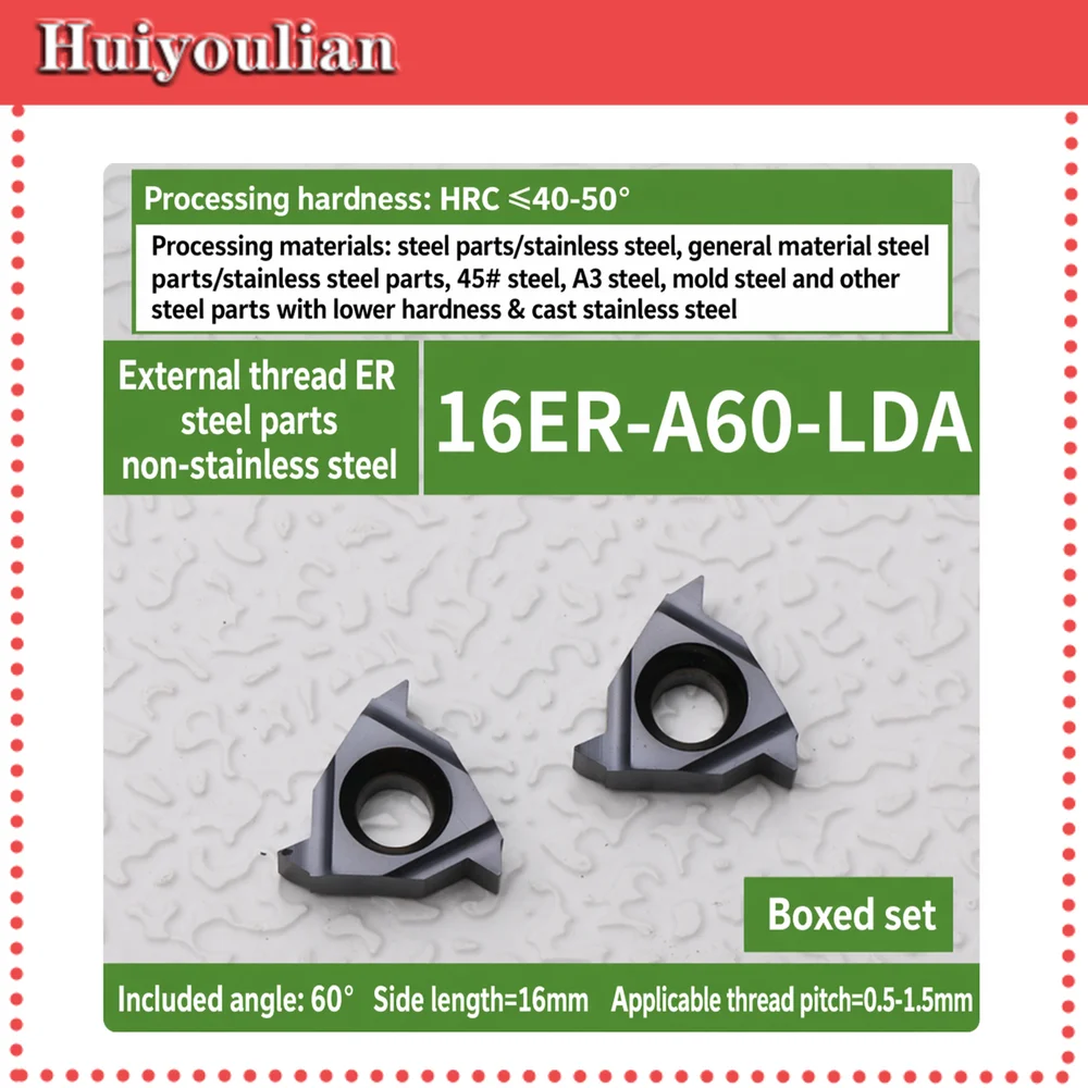 10pcs 16ER-A60-LDA Ext Thread Insert CP8018 60 Deg 16mm Pitch 0.5-1.5mm Coated for HRC 40-50 Steel Stainless 45# A3 Die Steel