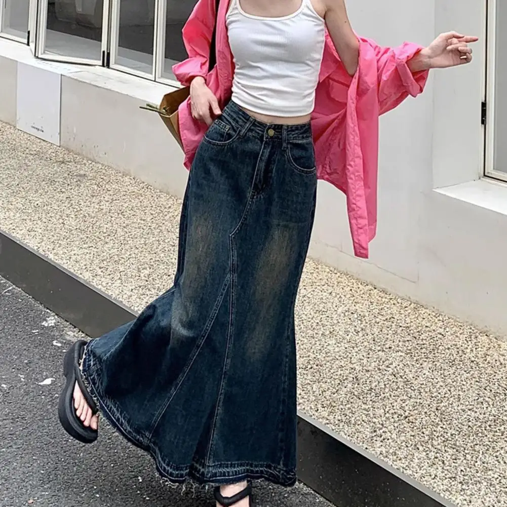 

Long High-waisted Skirt Retro Denim Maxi Skirt with A-line Big Swing High Waist Ripped Edge Women's Ankle Length Patchwork Solid