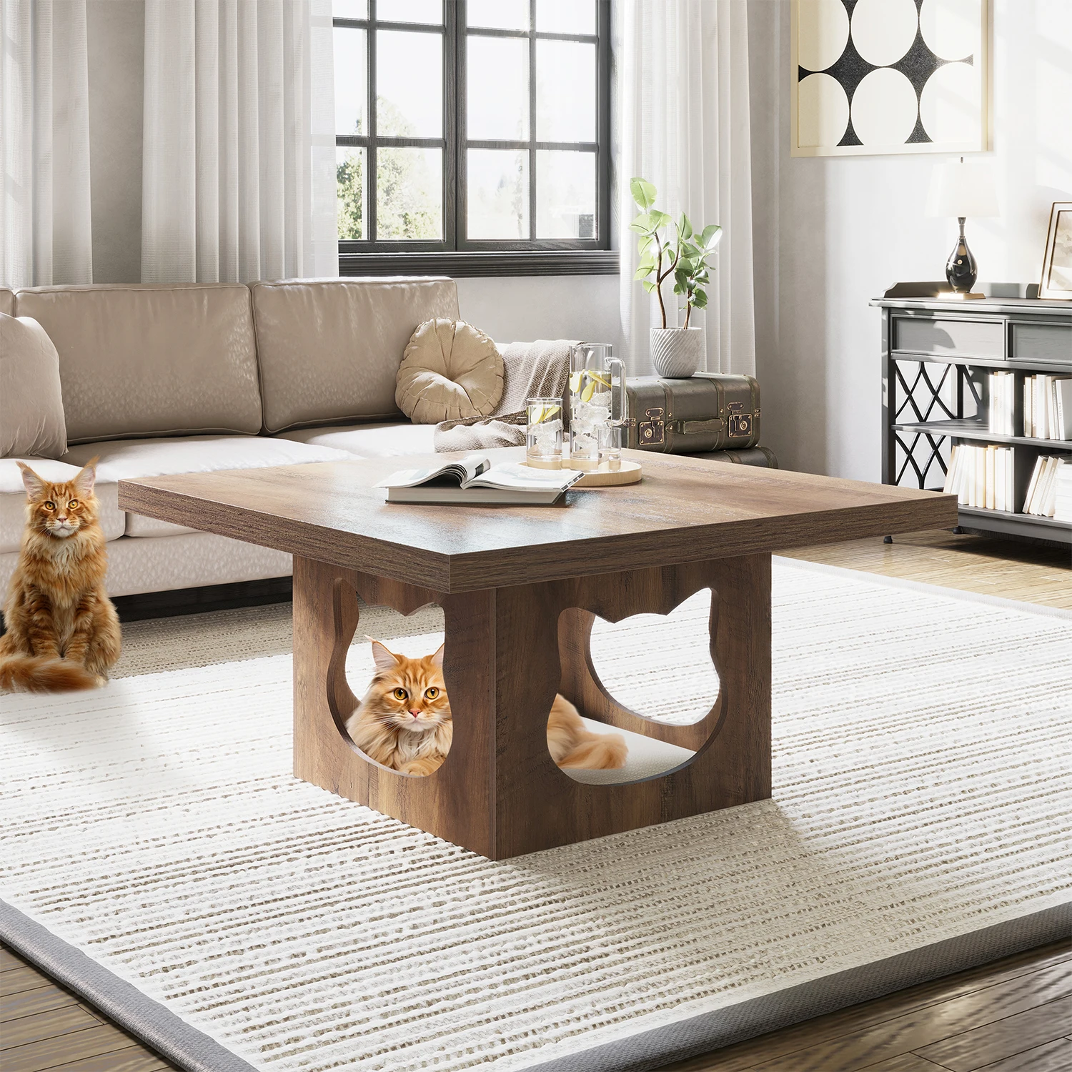 Hot Sales Customizable Modern Square Coffee Table Rustic Farmhouse Wooden Living Room Table With Cat House Cushion For Living Ro