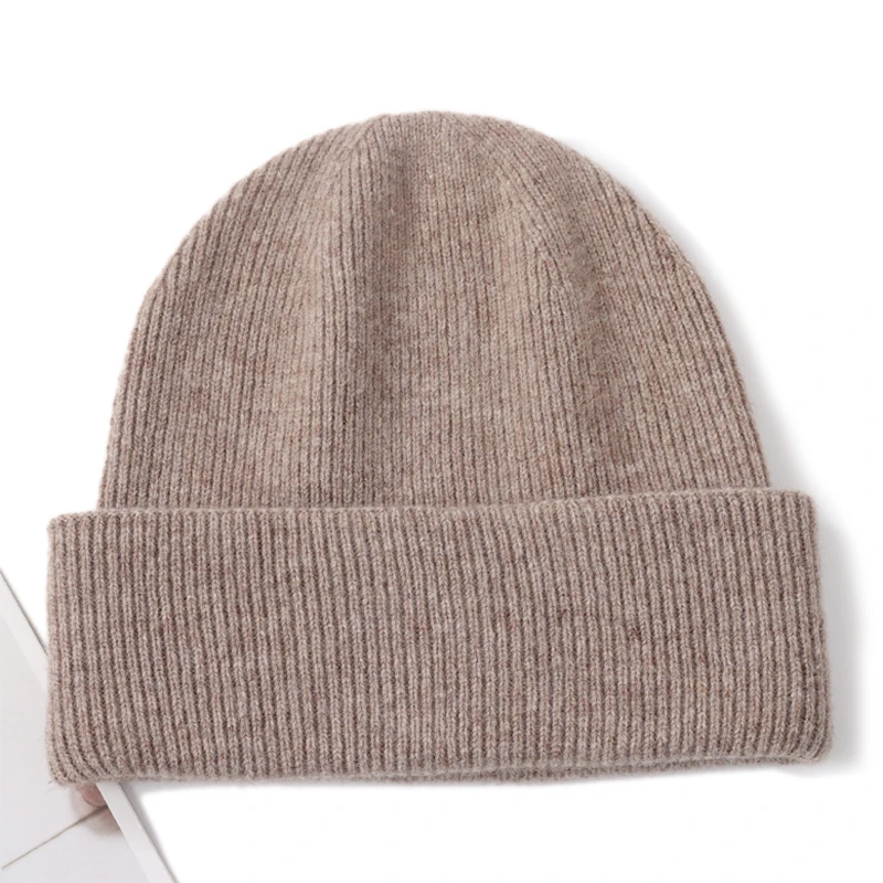 100%Pure Cashmere Beanies For Women Winter Warm Soft Solid Color Knitted Hat Y2K Korea Fashion Flipped Heap Pullover Cap Girl