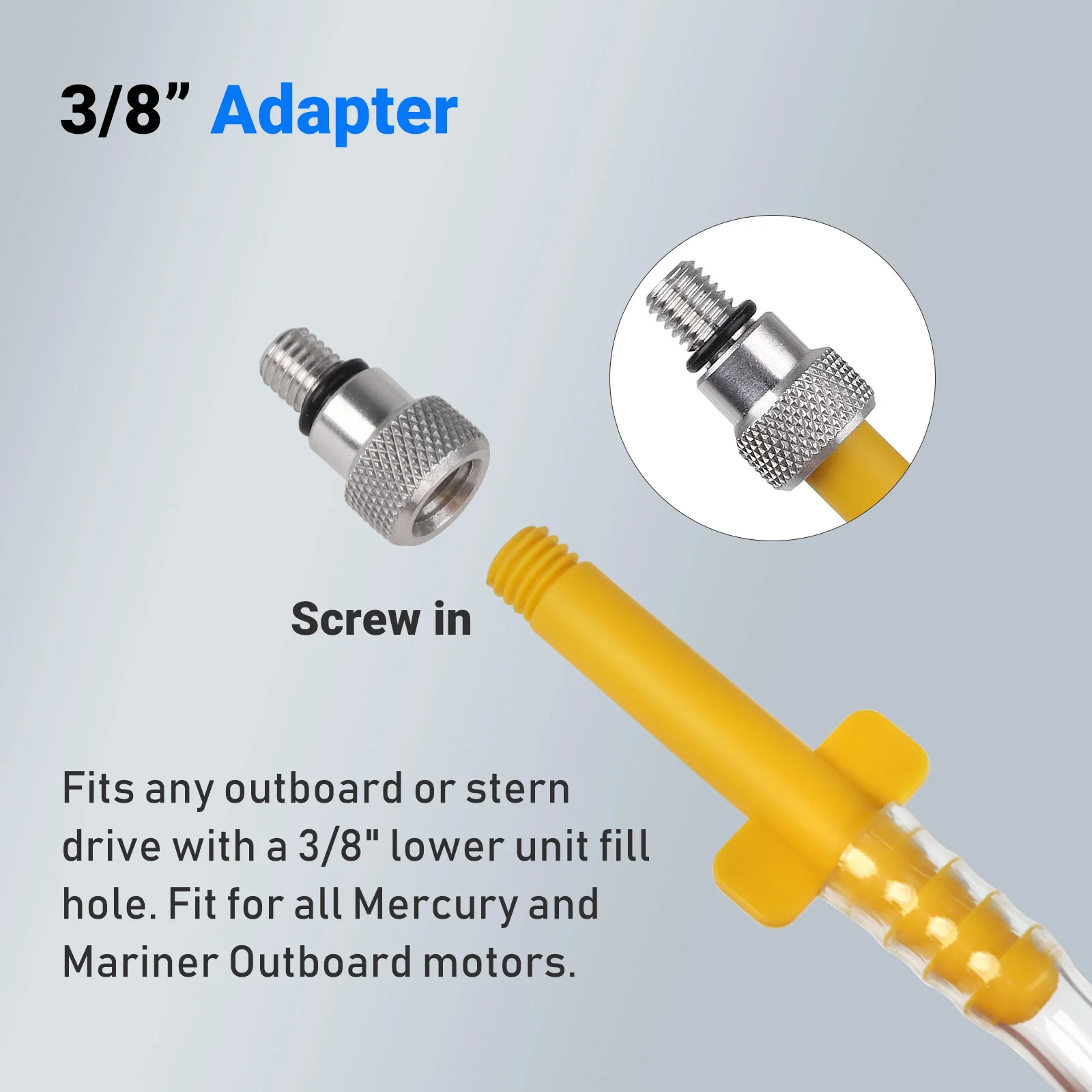 マリンギア潤滑油ポンプ下部ユニット（標準クォートボトル用）は、すべてのマーキュリー船外機オイル吸引ポンプ、ポンプヘッド、船外機に適合します。
