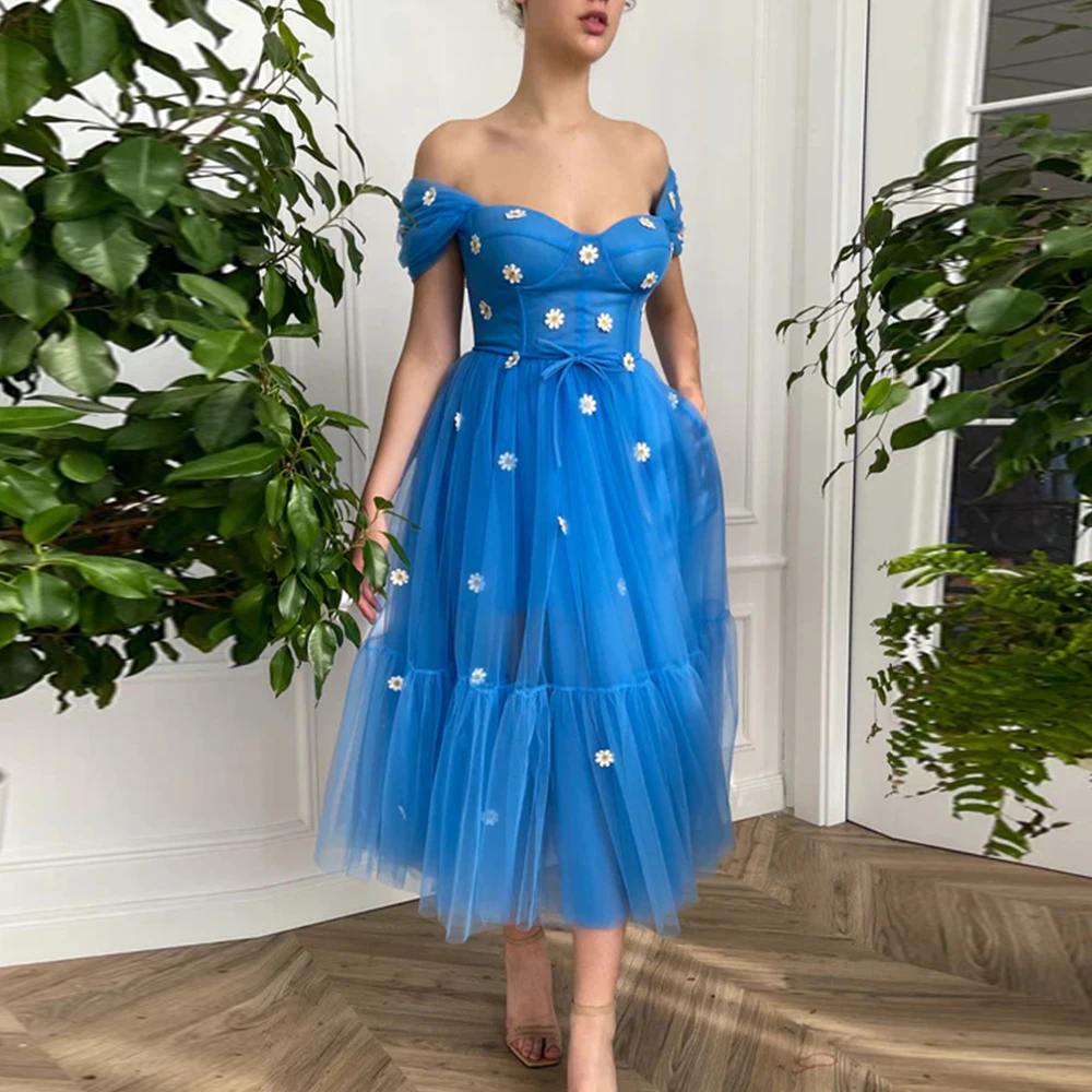

Blue Midi Prom Dresses 2023 Summer Sweetheart With Bow Belt Off -The -Shoulder A-Line Flowers Wedding Guest Gowns Open Back