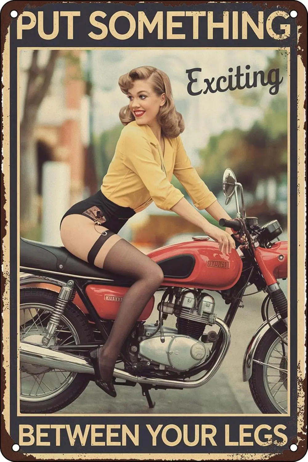 Motorcycle Pinup Girl Put Something Exciting Metal Tin Signs Reproduction, Vintage Wall Decor Retro Art Tin Sign Funny Decora