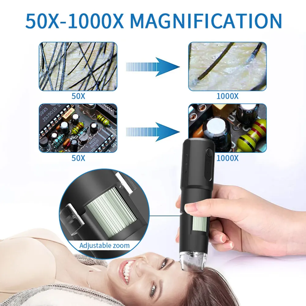 

50X-1600X Magnification Handheld Microscope Wifi Digital Microscope With Adjustable Stand for Kids Gifts Support IOS & Android