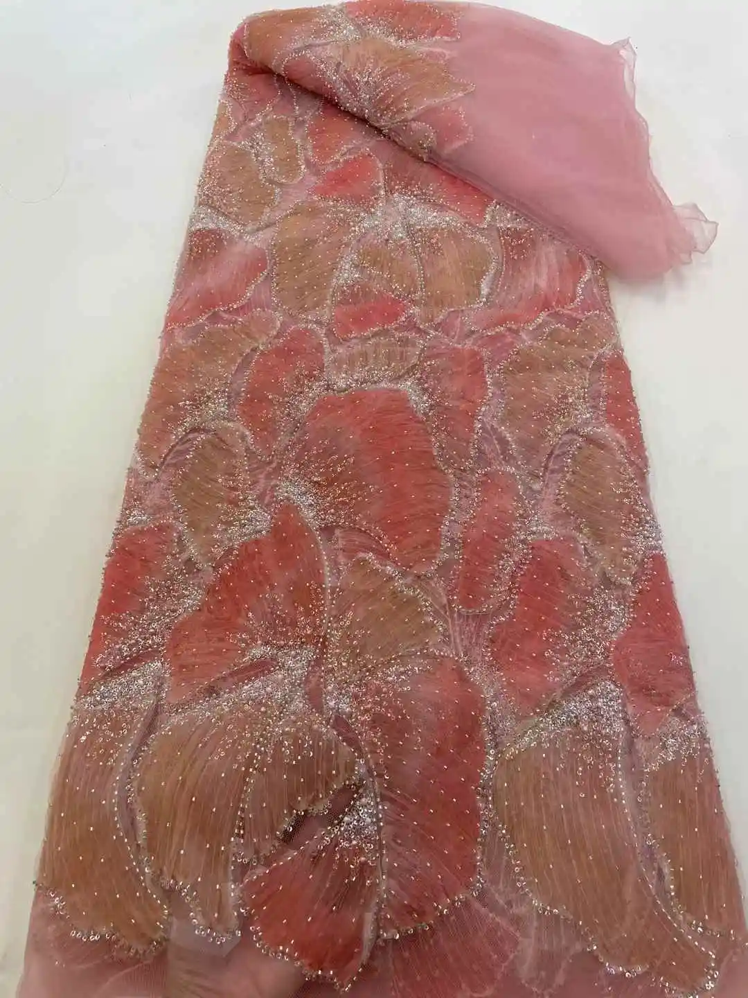 2025 나이지리아 수제 비즈 튤 5야드 레이스 원단 아프리카 럭셔리 스팽글 진주 메쉬 원단 신부 프롬 드레스용