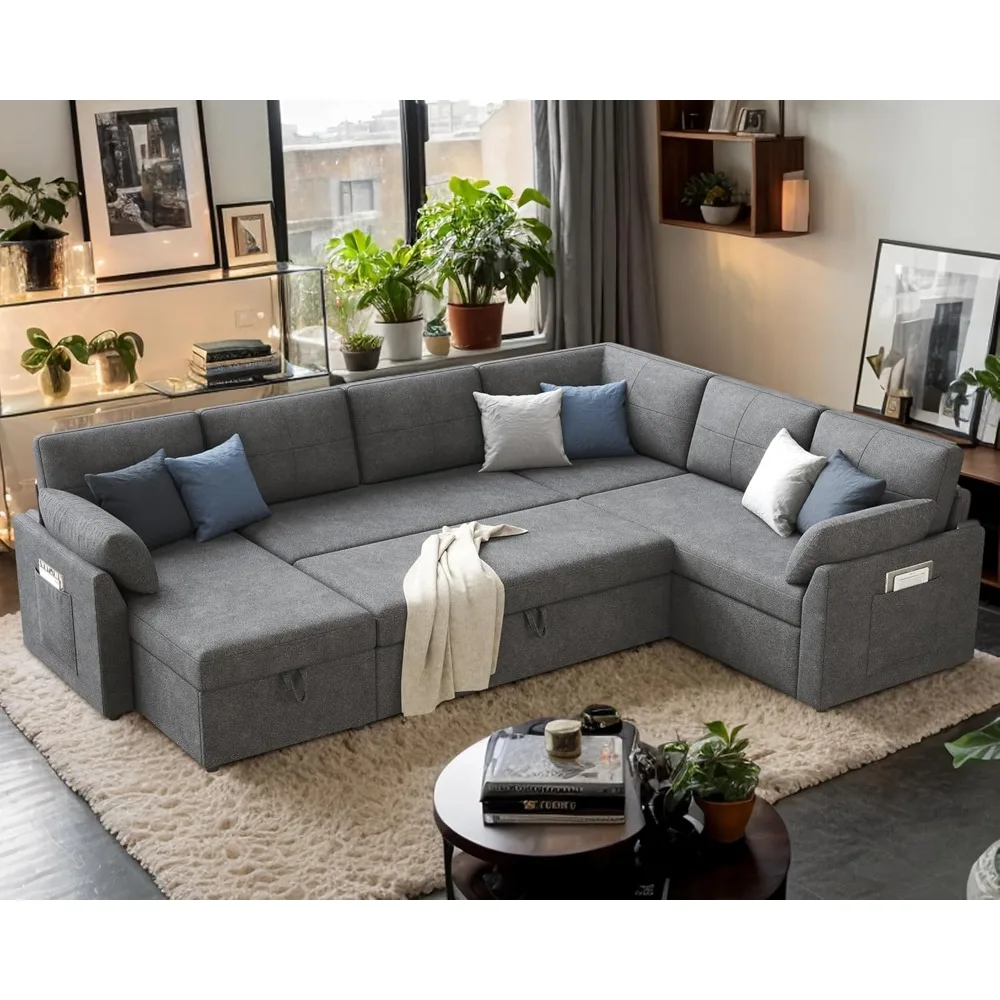 Sofa Bed, 112 Inch Sleeper Couch with Storage Chaise, Oversized U Shaped Sofa with Pull Out Sofa Bed, Sectional Couches