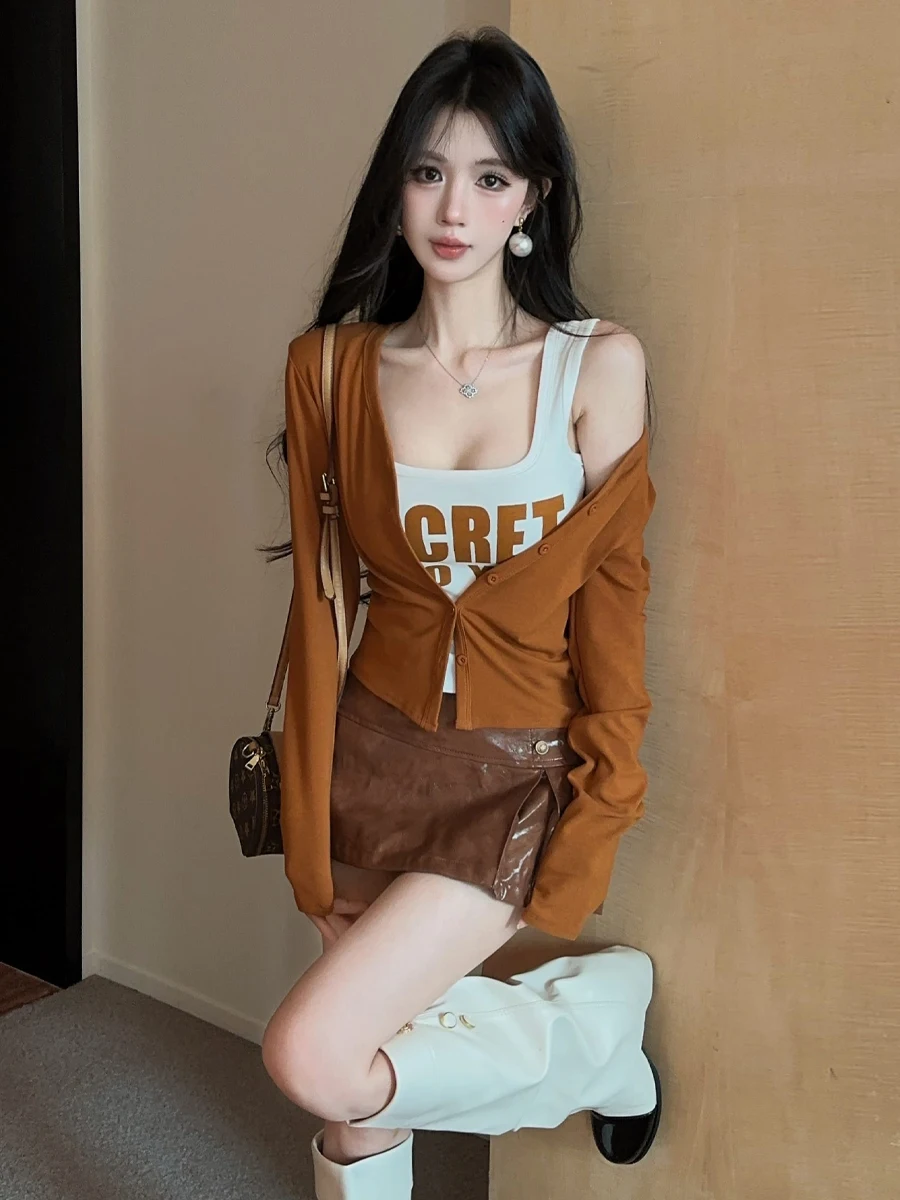American Retro Printed Pad Letter Women's Slim Fit Tank Top Waist Cinched Cardigan Two-Piece Set Fashionable Versatile Short ...