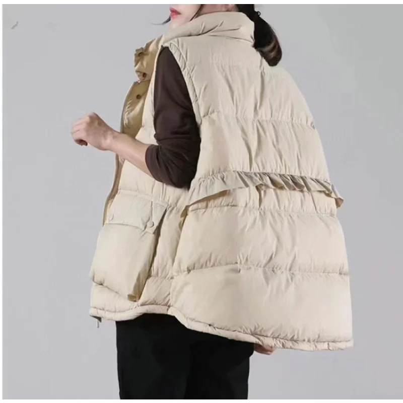 Chaqueta sin mangas suelta externa para mujer, chaleco de plumón de pato blanco, camiseta interior de invierno, yardas grandes, cuello de marea