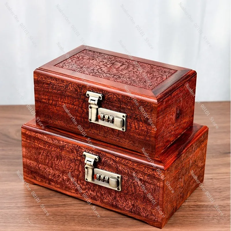Red Sandalwood Jewelry Box Chinese Style Ring Storage Case with Lock Solid Wood Jewelry Organizer Wedding Gift Portable Jewelry