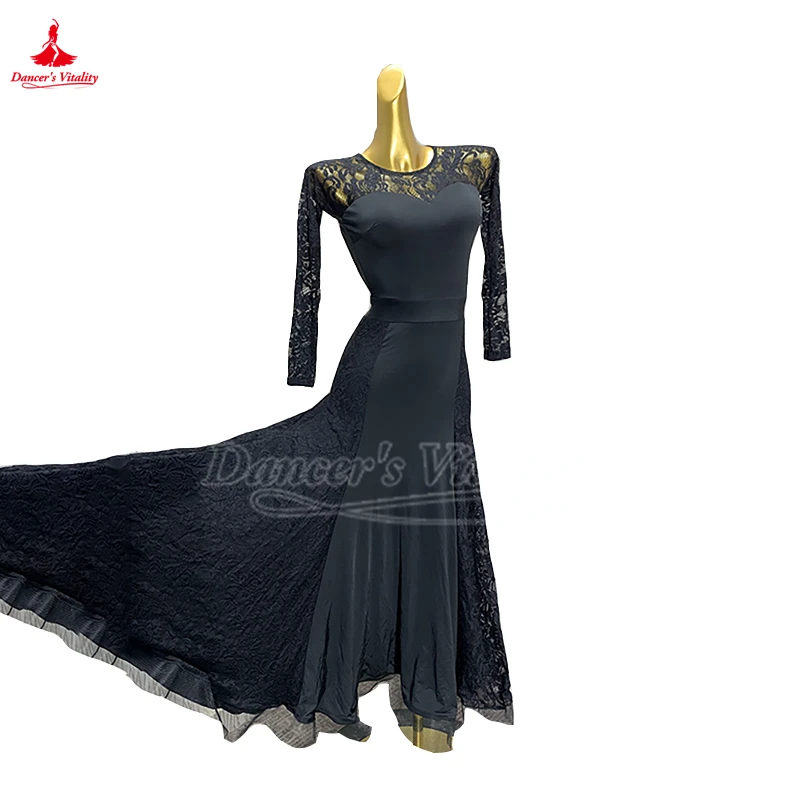 Women Long-sleeved Big Swing Dress with Breast Pad Standard Waltz Foxtrot Tango Performance Clothing Latin Practice Costume