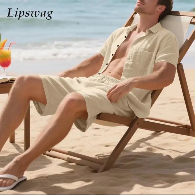 Vacation Seaside Beach Casual Linen Sets Men Leisure Loose Two Piece Suits Mens Fashionable Short Sleeve Shirt And Shorts Outfit