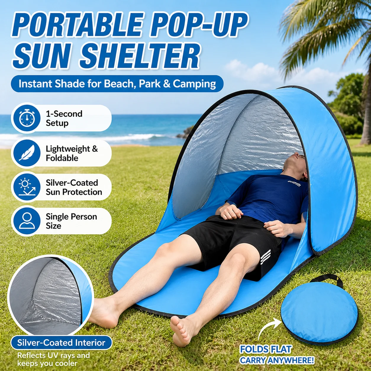 Tenda portátil pop-up para proteção solar, abrigo de praia para uma pessoa com interior revestido de prata