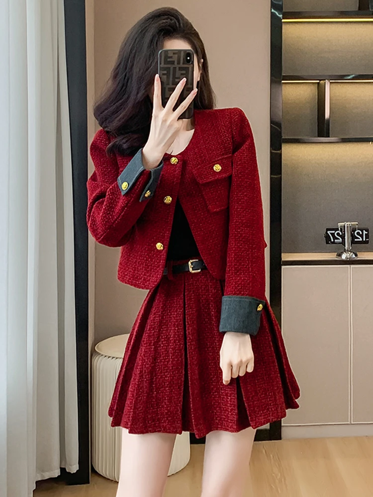 Fashion Elegant Red Suit Women\'s 2023 Autumn Winter Crewneck Gold Buckle Long Sleeve Coat+Pleated Skirt With Belt Two-Piece Set