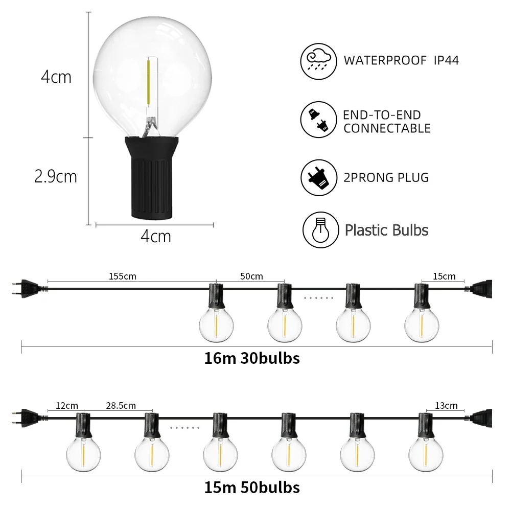 Imagem -03 - Led Fairy String Light para Festa Lâmpada para Pátio Branco Quente Claro Vintage Lâmpada ao ar Livre Decoração de Quintal G40 16m 36m