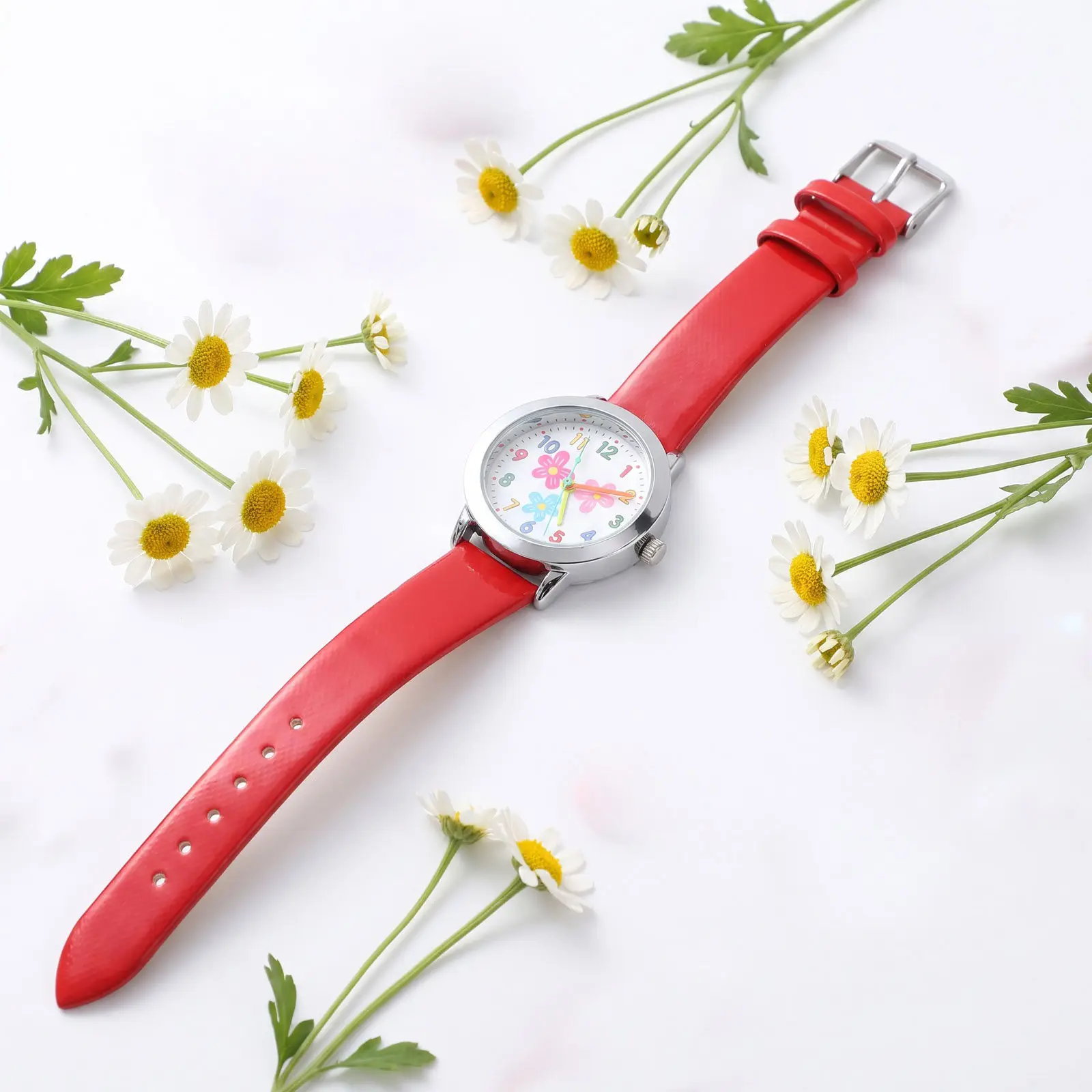 Flower Pattern Kids Watch Creative Quartz Birthday Gift for Children Students Toddlers Red Adorable Cartoon Number Watch