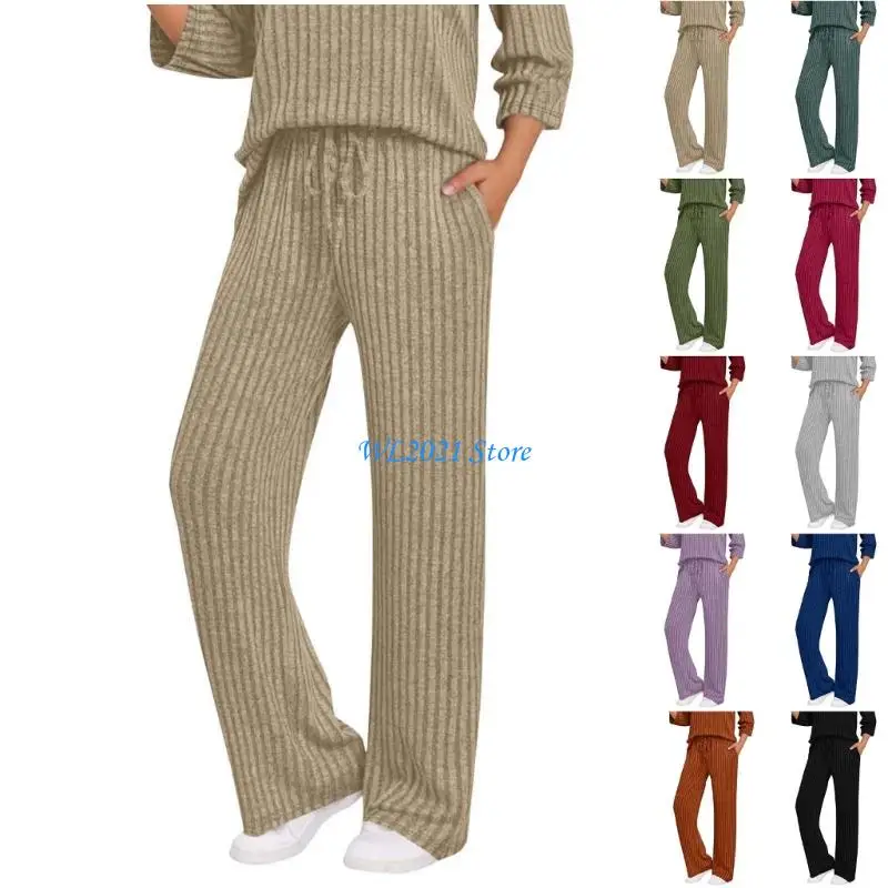 

G5GC Women's Casual Pants Ribbed Knit Wide Leg Pants High Waist Elastic Waist Loose Drawstring Sweatpants with Pockets