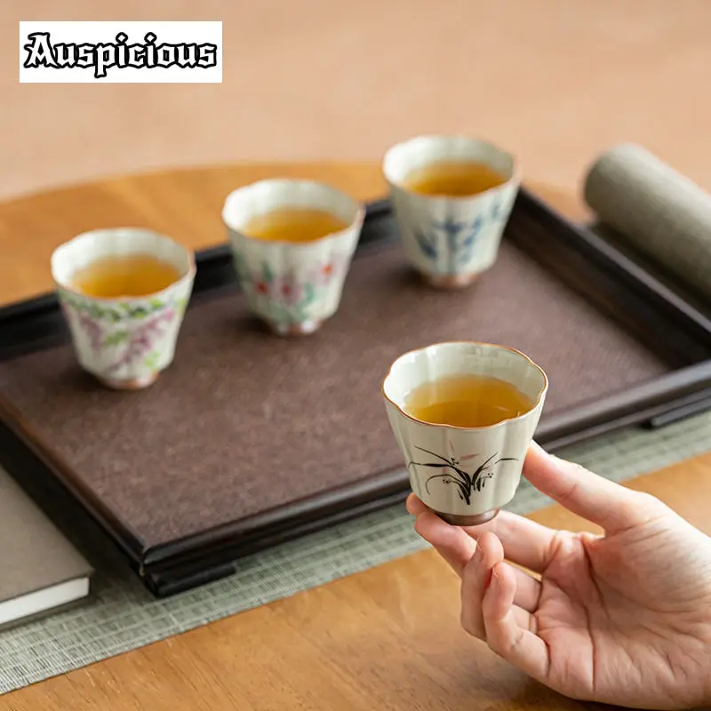 4pc/set Retro Grass Wood Gray Ceramic Teacup Hand-painted Flower Master Cup Petal Single Female Tea Bowl Kung Fu Teaset Gift Box