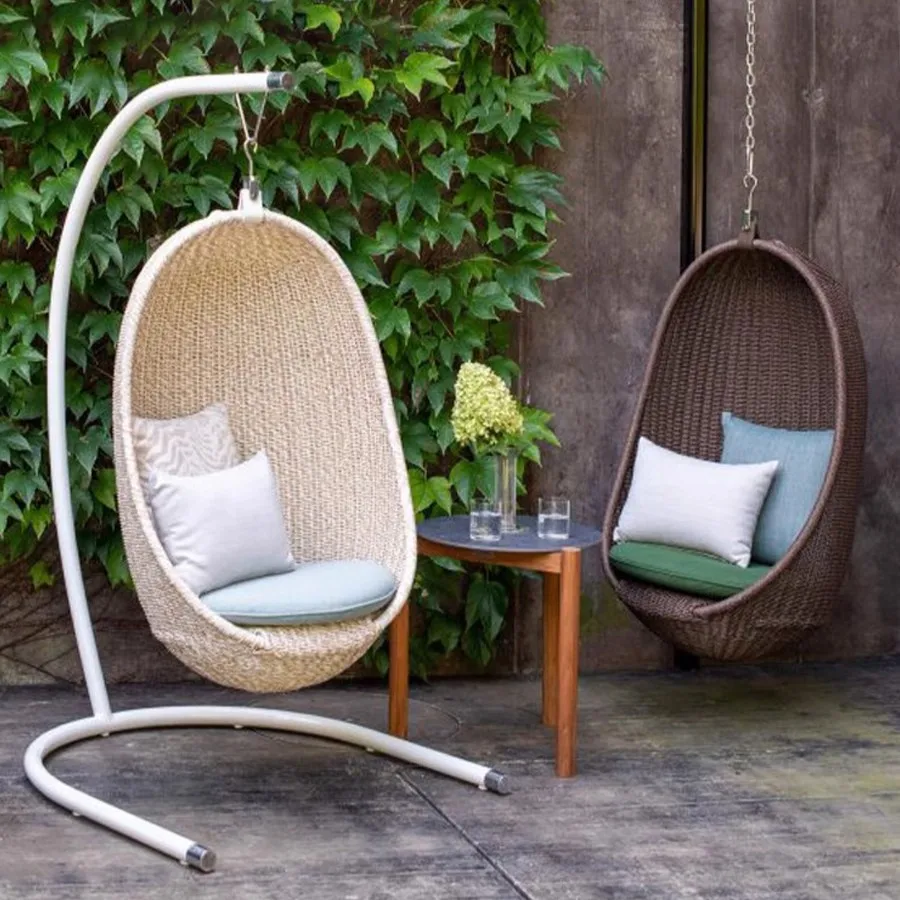 ！@Modern Rattan Hanging Rocking Outdoor Swing Chair with Cushion and Bird's Nest Landing for Bali Homestay or Living Room