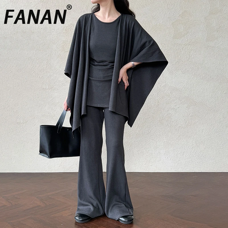 

FANAN Office Lady 3 Piece Set Women's Round Neck Vest+cardigan Long Sleeve Shawl+high Waist Straight Pants 2025 Autumn New