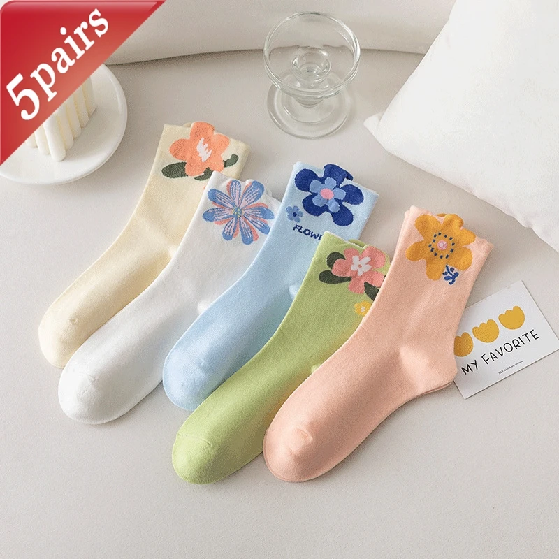 

5 Pairs Women's Socks Set Korean Colorful Flowers Cute Sweet Kawaii Mid Tube Socks Japanese Kawaii Preppy Style Pile Stockings
