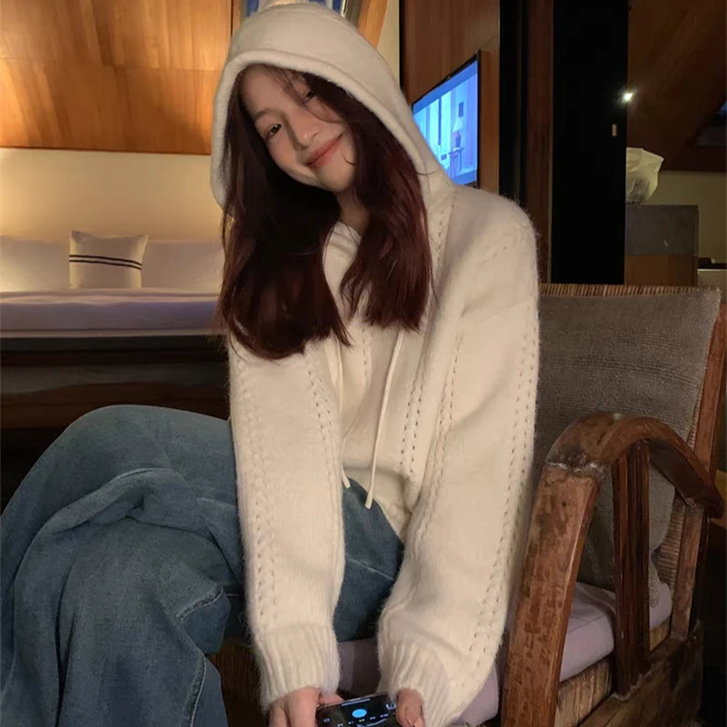 

Autumn and Winter Clothes Women Loose Drawstring Hooded Sweater Fashion New Casual Knitted Office Top Knitwear