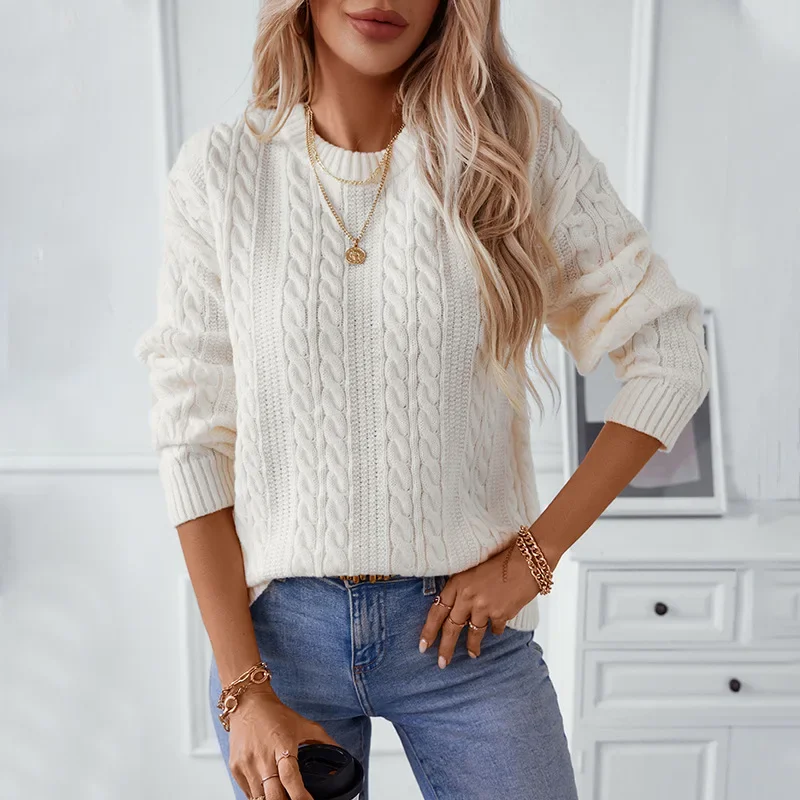 

2024 New Twisted Pullover Sweater for Women Vintage Crew-neck Long-sleeved Cross-border Knitwear